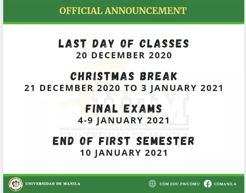 Schedule: Final Exam, Christmas Break, Last Day of Class, End of First Semester